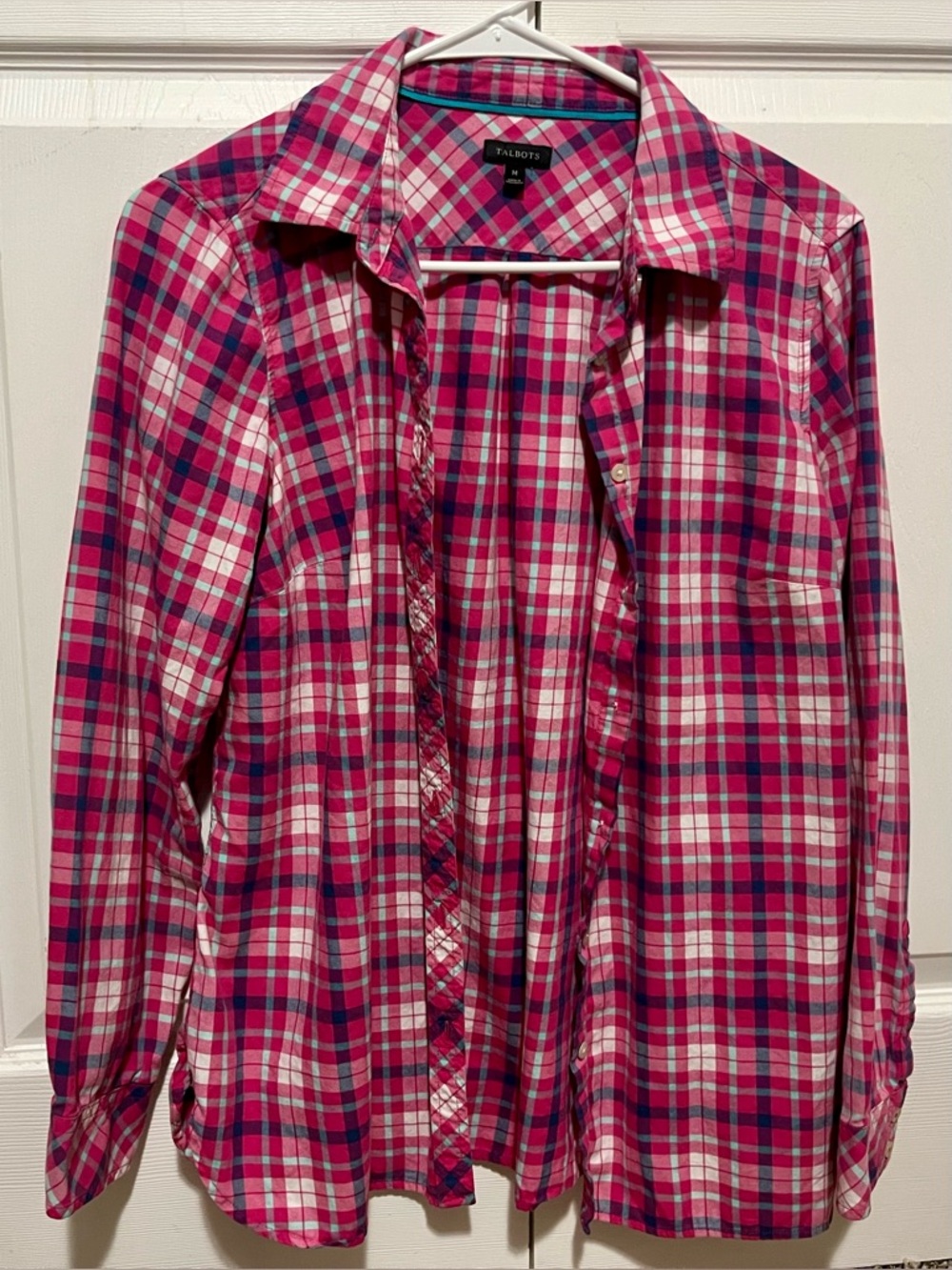 Talbots Cotton Pink Plaid Collared Button Down Long Sleeve Shirt, Size Medium